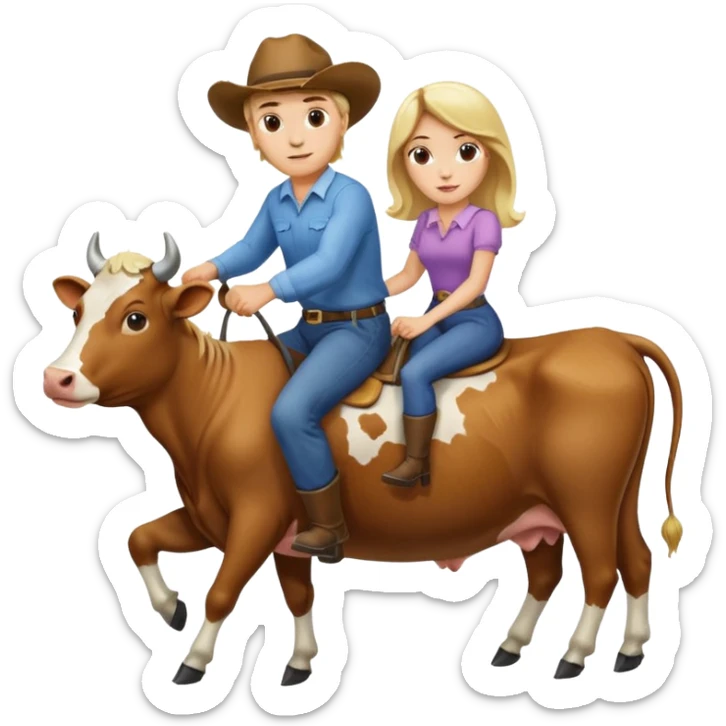 Do a man and a woman riding cows , the man is blond and woman a brunette sticker