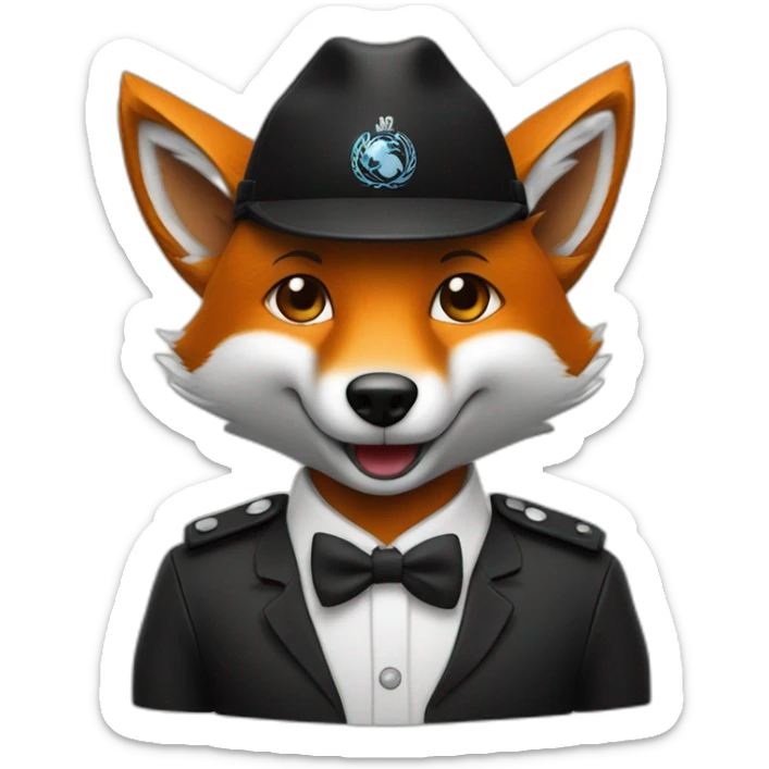 Un renard en costume noir avec une casquette plate fait un salut sticker