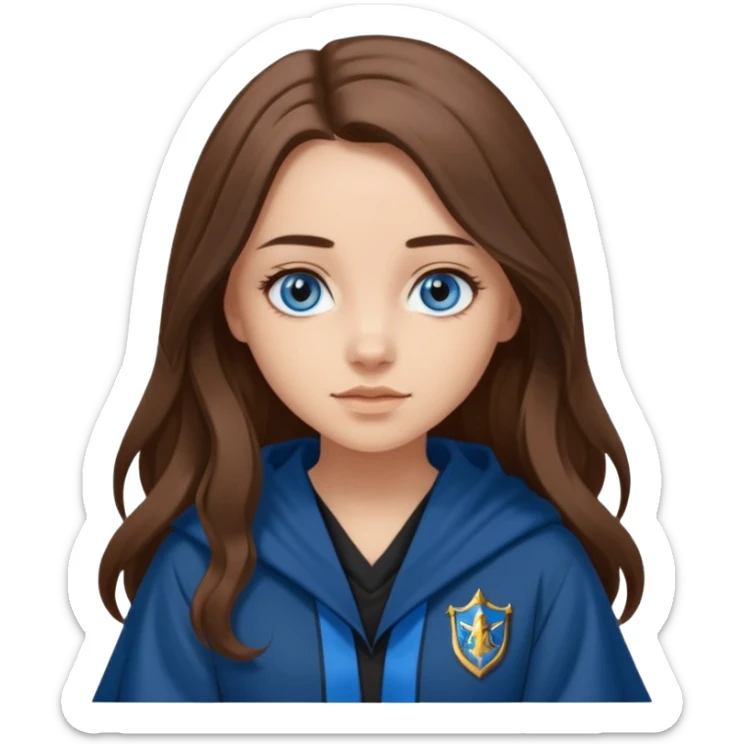 gorgeous Girl with light skin, blue eyes, long brown hair, wears ravenclaw black and blue robes  sticker