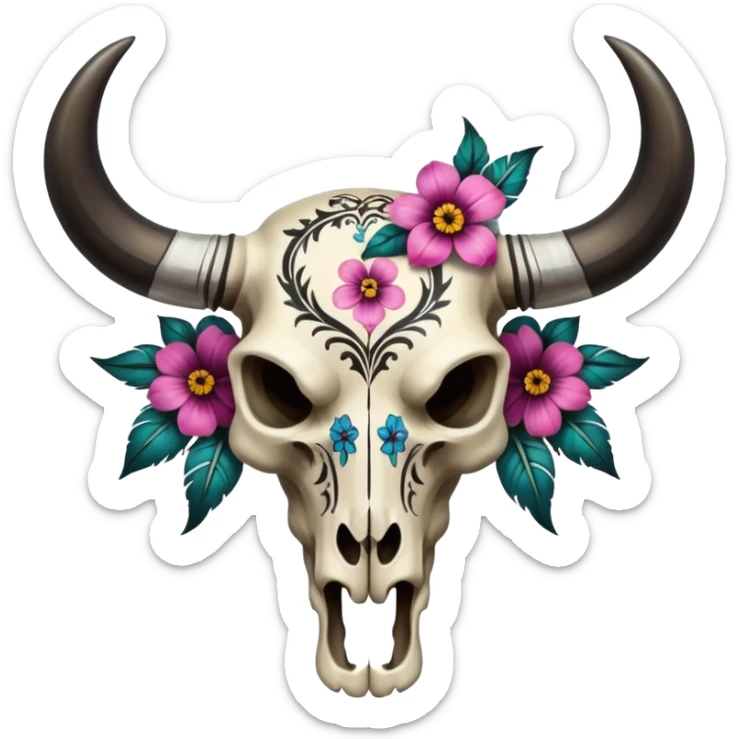 Aesthetic asymmetry bull skull cranium with flowers, black painted tribal tattoo pattern markings  sticker