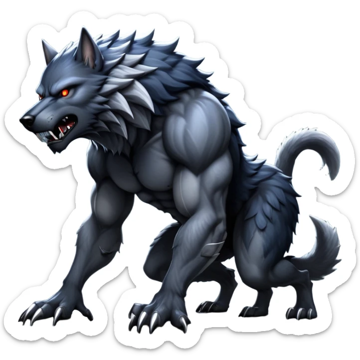 cinematic-noble-fierce-werewolf-on all fours-emoji, poised-and-imposing, with a tall, lean, and muscular wolfish frame inspired by the brutal, imposing shape of the beast from Berserk, fur rippling in shades of midnight black and silver, massive paws with razor-sharp claws, elongated limbs and fangs, eyes glowing with an intense, primal ferocity, reflecting the untamed power of the wild moonlit night; rendered with realism sticker