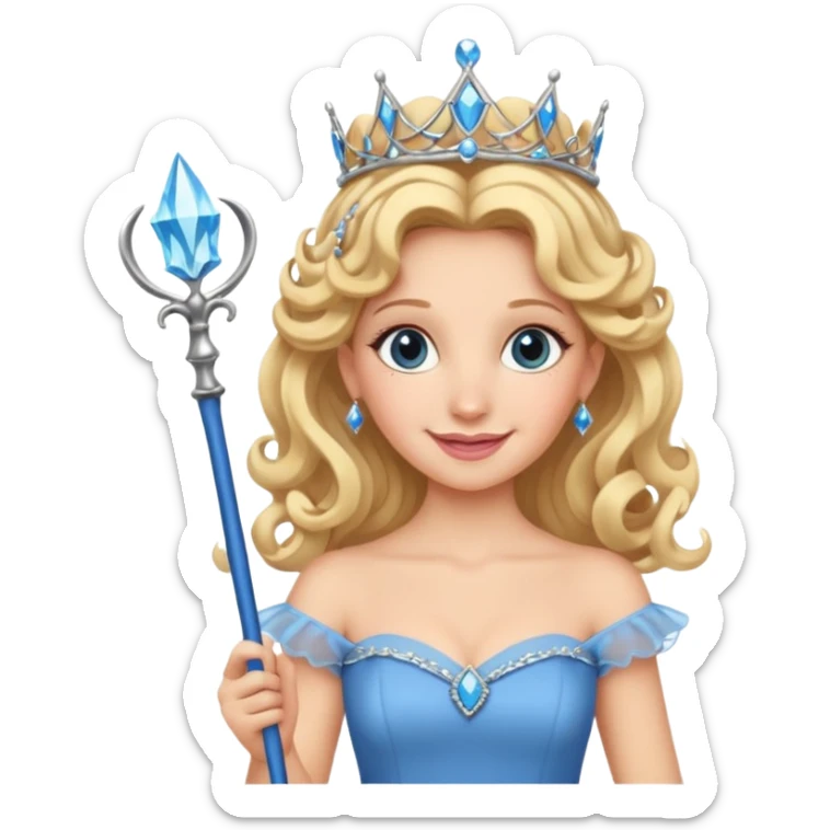 Glinda from Wicked, smiling, curly blonde hair, tiara, blue dress, holding a wand sticker