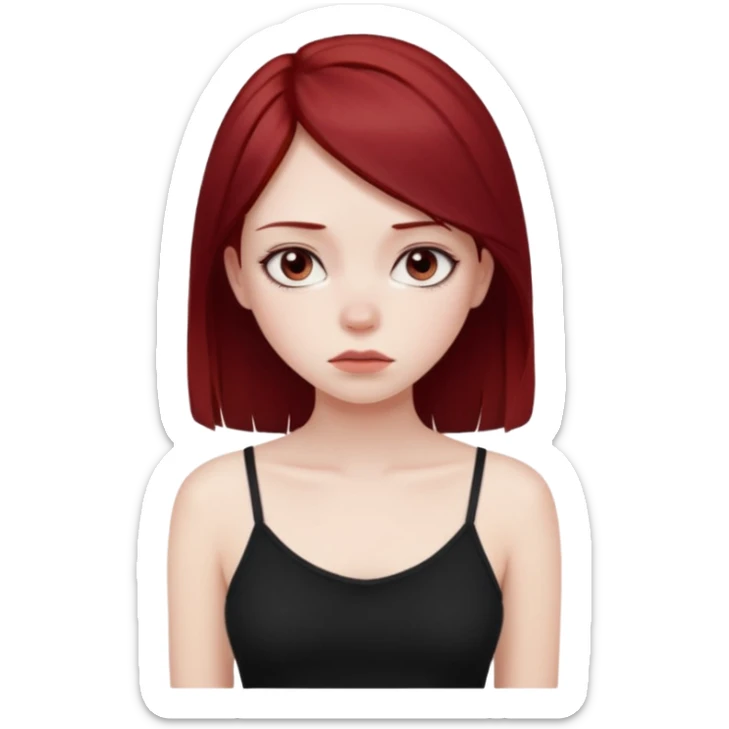 a pretty bratz fair girl with dark red straight hair, black cami top, looking sad sticker