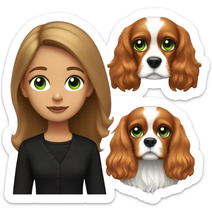 a girl with light brown long hair in black clothes, with green eyes and a Cavalier King Charles Spaniel sticker