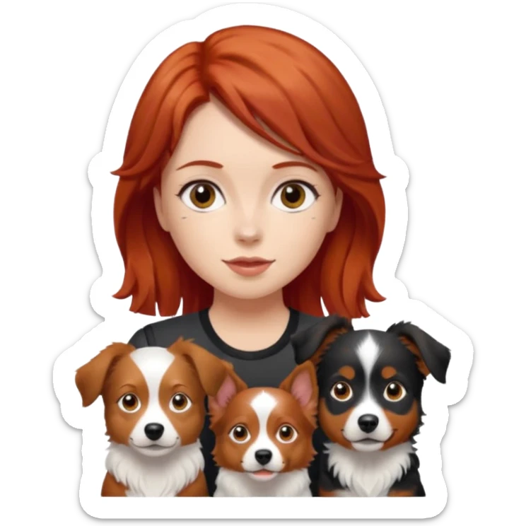 young woman with red hair and two mini Australian shepherds, brown white and black, boy bigger, girl smaller and dainty, emoji style sticker
