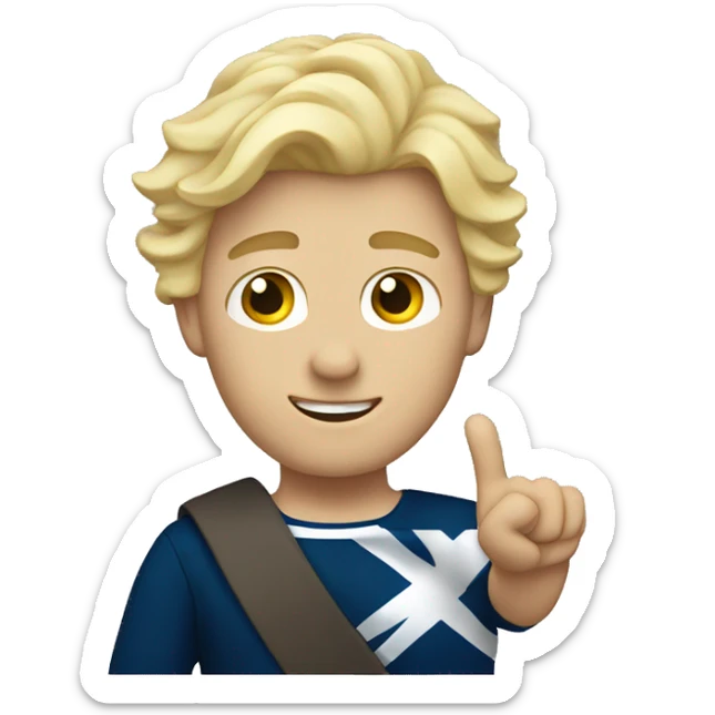 Male with blonde hair waving hand to say hello with a Scotland sticker