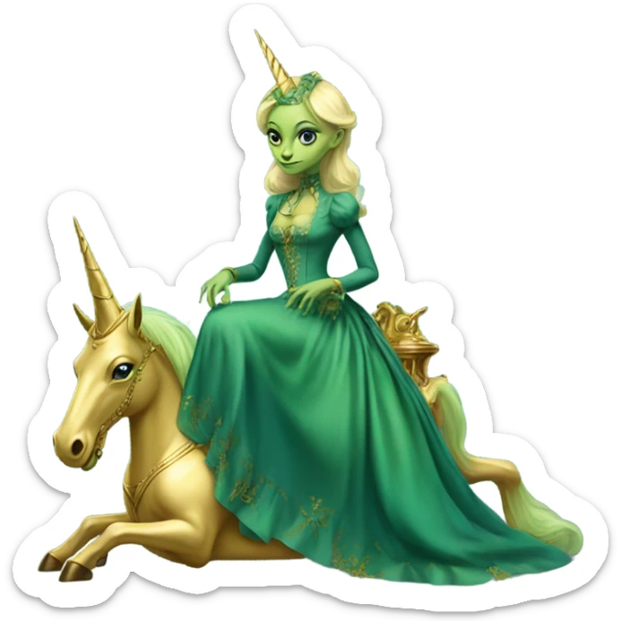 "galora green blonde alien woman" in blue Victorian dress elegant, full body, on gold unicorn sticker