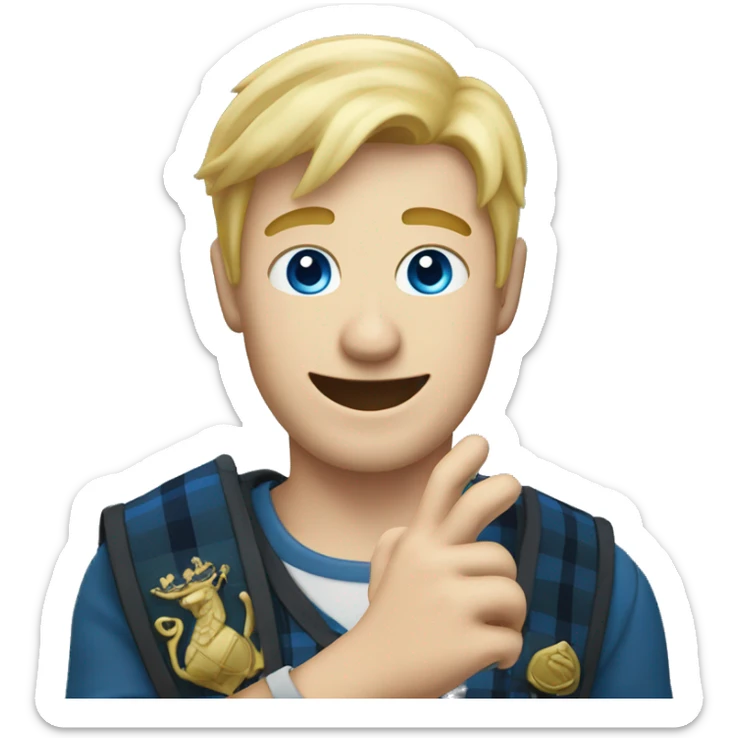Male with blonde hair and blue eyes waving hand smiling with a Scotland sticker