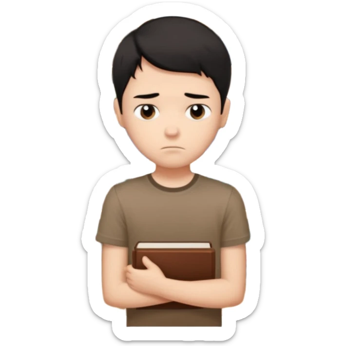 generate a pretty bratz fair skinned boy with short black hair wearing a brown tshirt surrounded by books n looking very sad sticker