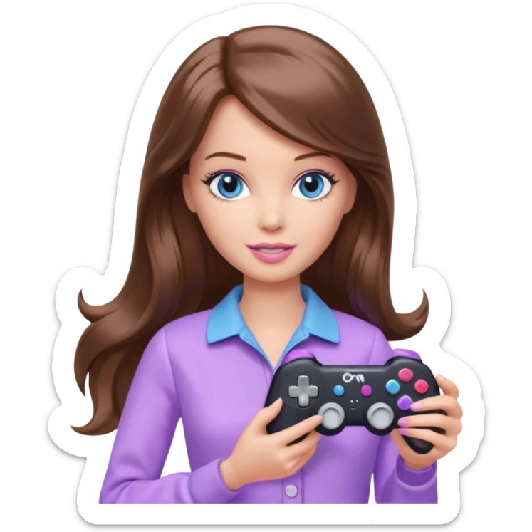 beautiful barbie girl with long brown hair, blue eyes and wearing light purple clothes playing console games with controller sticker