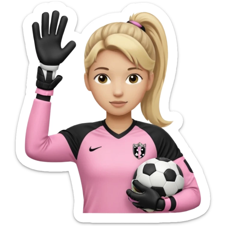 Make a dirty blonde football goalkeeper with goalkeeper gloves on. The girl is light skinned and wearing a light pink football kit. Wearing one ponytail on back of head. Make it without the whole body. With full sleeves. No RUGBY BALL JUST BLACK AND WHITE BALL. Holding ball under armpit sticker