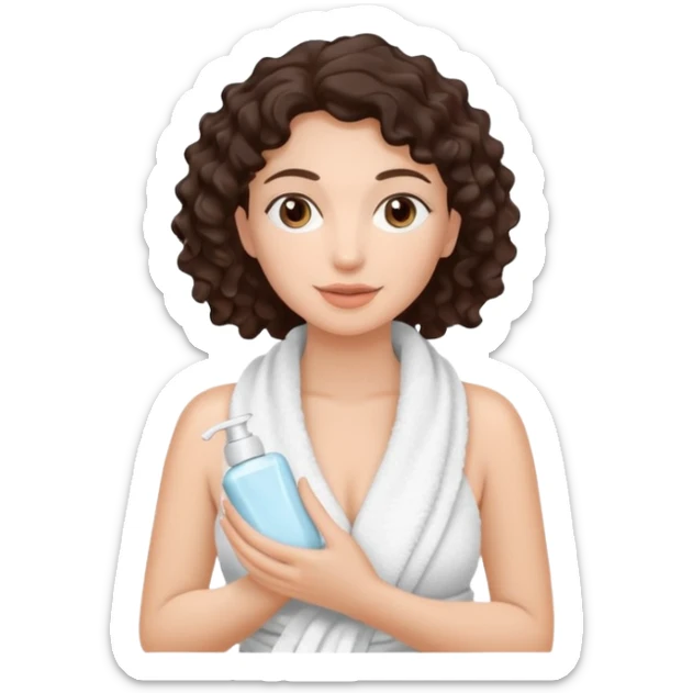 Uma mulher de toalha na cabeça pq ela acabou de sair do banho. Tem pele branca e cabelo marrom escuro.  Ela tá com um hidratante nas mãos,  pq ela vai cuidar da pele sticker