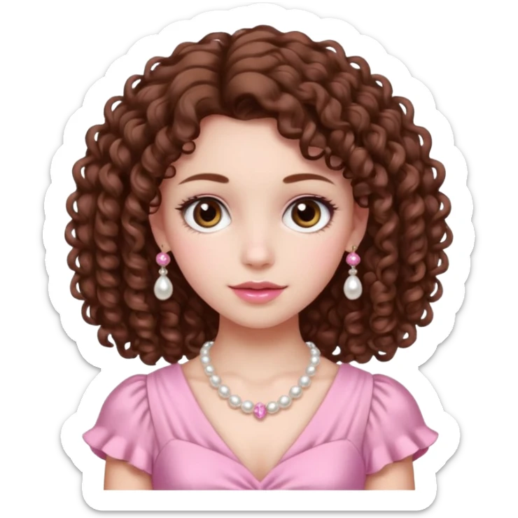 A girl with a brown curly hair and beautiful brown eyes and white skin and pink dress with pearl jewelry sticker