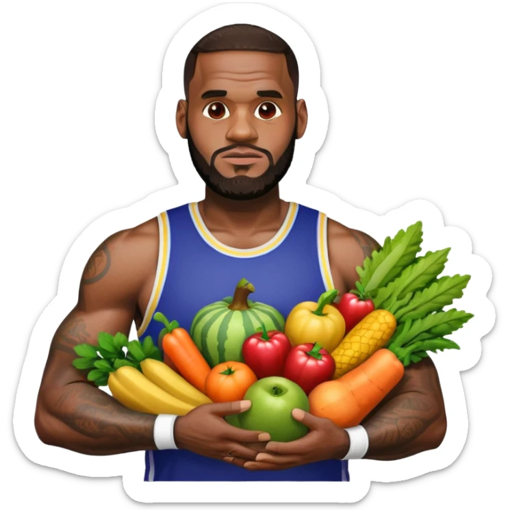 LeBron James with arms full of colorful fruits and vegetables sticker
