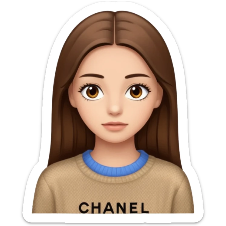 Une fille avec des faux cils, des yeux, marrons, des cheveux lisses un pull Chanel sticker