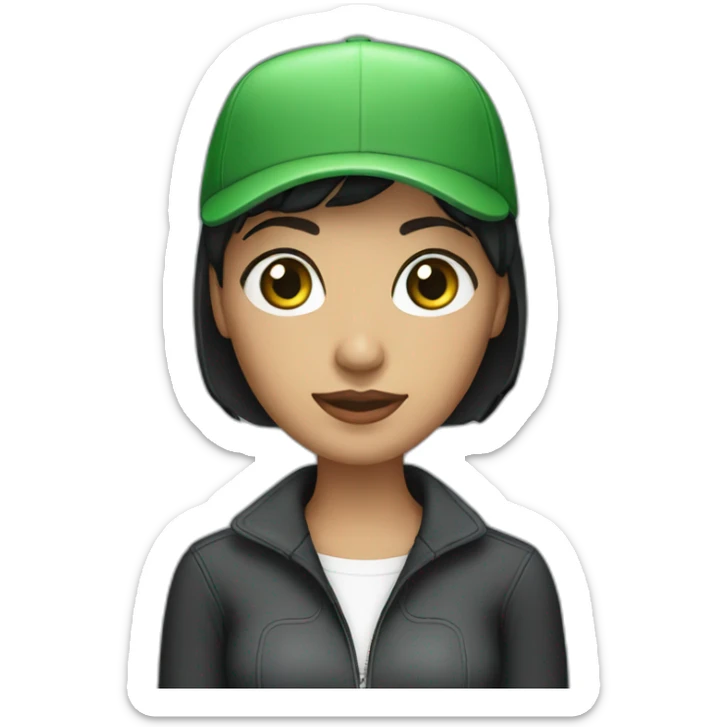 woman with black bob haircut, green eyes, and a cap, behind laptop sticker