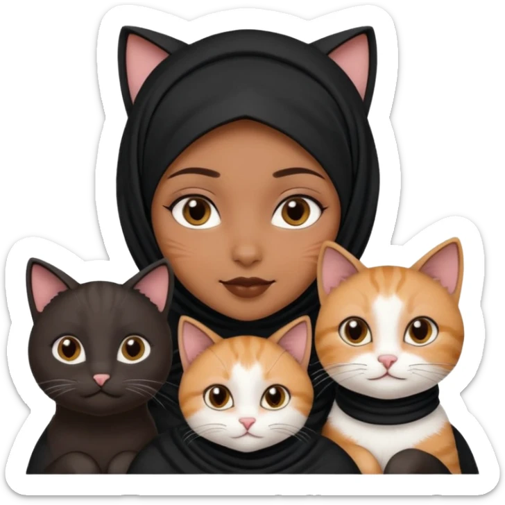 A girl with brownblack eyes and black hijab and three cats, one blackwhite girlcat and one blackwhite boy cat sticker
