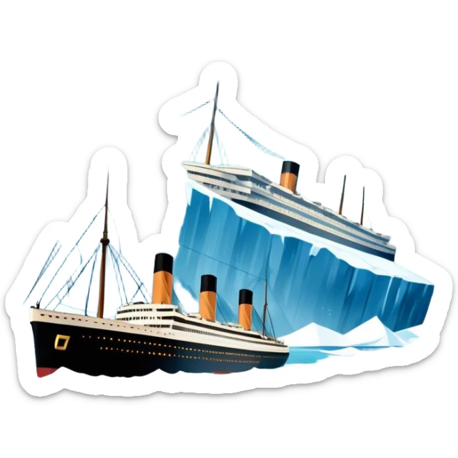 Icon for Titanic Movie: A vintage movie poster-style design featuring a dramatic scene of the ship, the iceberg, and a romantic silhouette of the main couple. Include elements like the ship’s bow, water splashes, and a starry sky in the background. Retro cinematic feel. Transparent background. sticker