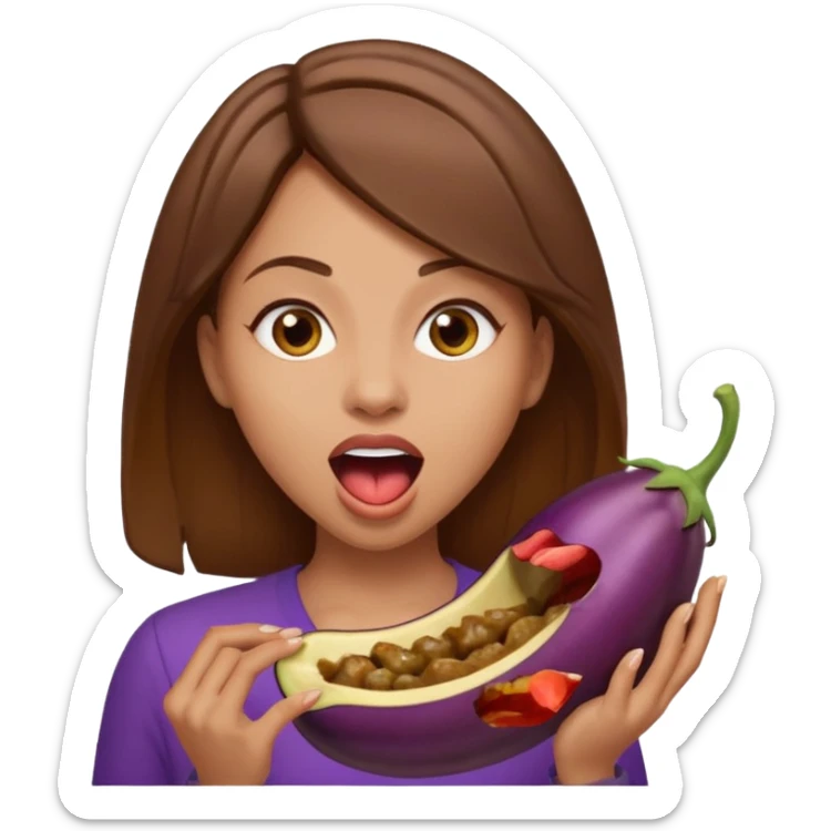 Brown hair light skin woman mouth open about to eat an eggplant sticker
