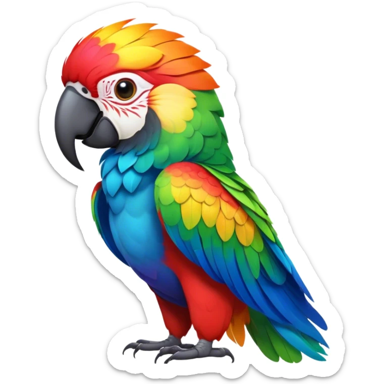 Cinematic Noble Macaw Portrait Emoji, Poised and regal, with vibrant, iridescent feathers in a spectrum of brilliant colors and sharp, intelligent eyes, Simplified yet sharp and sophisticated features, highly detailed, glowing with a soft, tropical radiance, high shine, majestic and graceful, stylized with an air of exotic elegance, focused and alert, soft glowing outline, capturing the essence of a watchful and confident avian guardian that seems ready to soar out of the screen with effortless authority! sticker