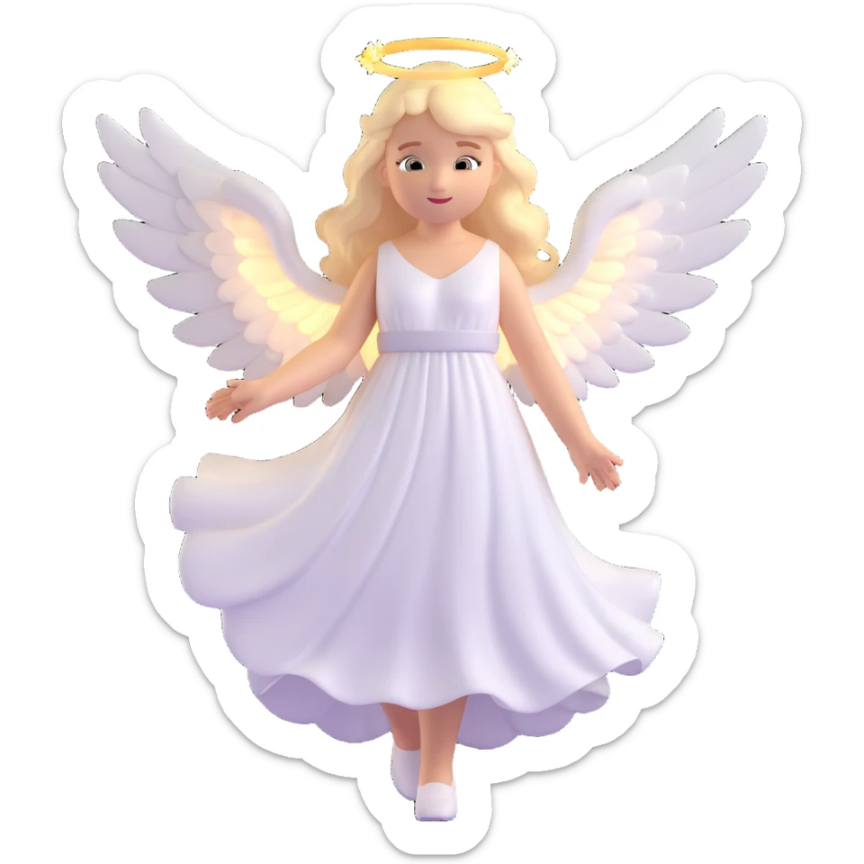 blonde angel girl with glowing white wings, gentle halo above her head, wearing flowing white dress, radiating purity and light, 3D emoji style sticker