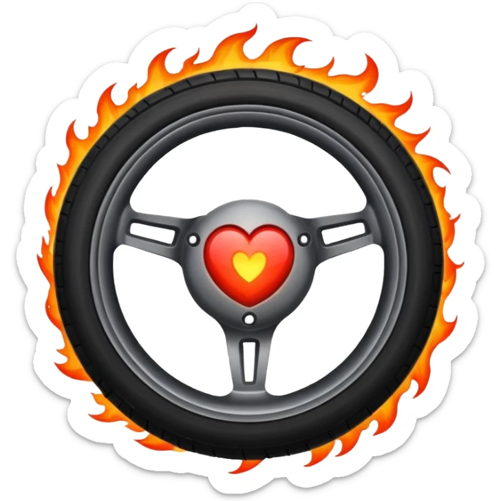 a burning car wheel, and in the center of the wheel there is a red heart sticker