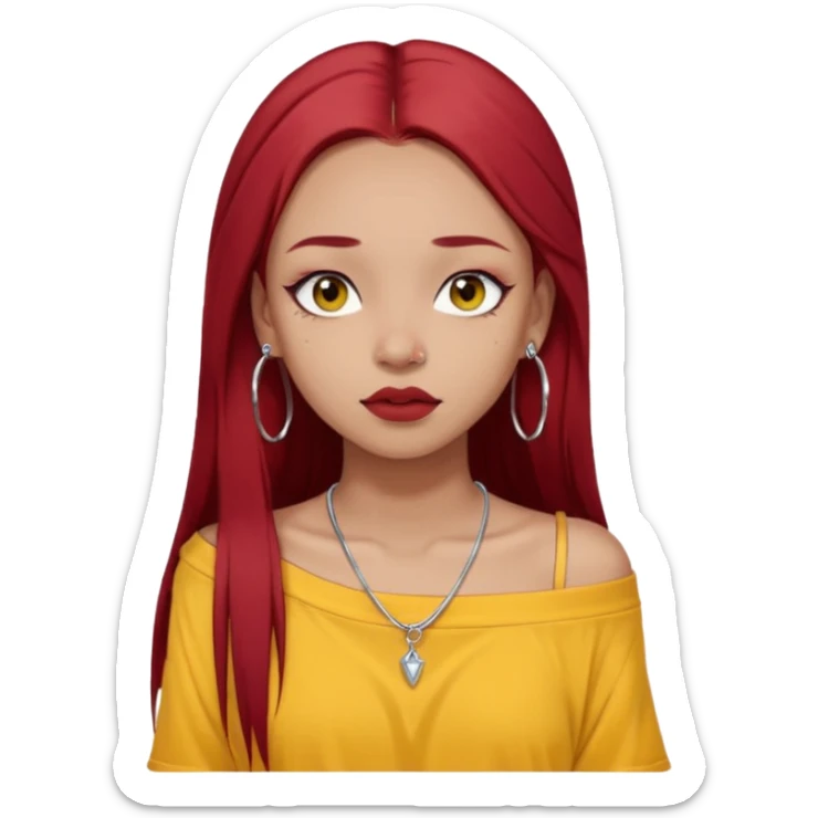 generate a pretty bratz girl with dark brown eyes. Dark long red hair straight long. wearing a yellow oversized tee falling off her shoulder, dainty silver necklace, silver hoops, septum piercings. big eyeliner sticker