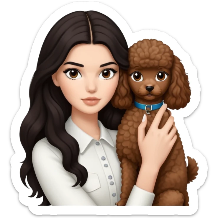 Kendall Jenner with long dark hair, holding a brown poodle and a black and white cat sticker
