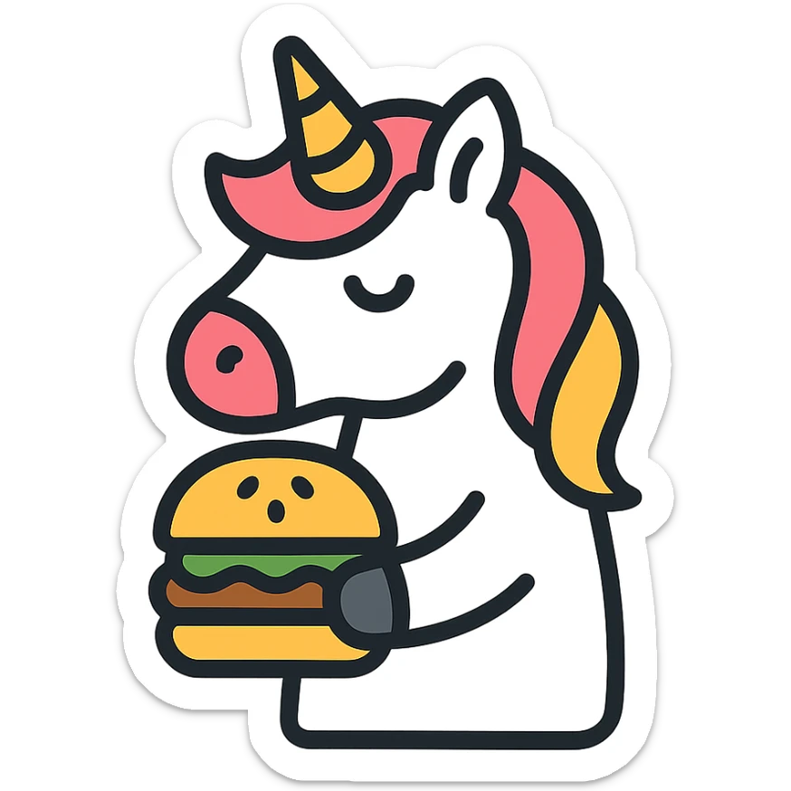 unicorn with a hamburger, minimalist, modern, lineal color icon with black outlines sticker