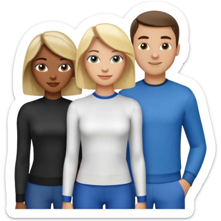 3 Friends standing side by side, charlie's angels style: 1 black woman with a short flat pressed bob, 1 hispanic man with a thin nose and long hair, and 1 white guy with blue eyes and a short brown-blonde haircut sticker