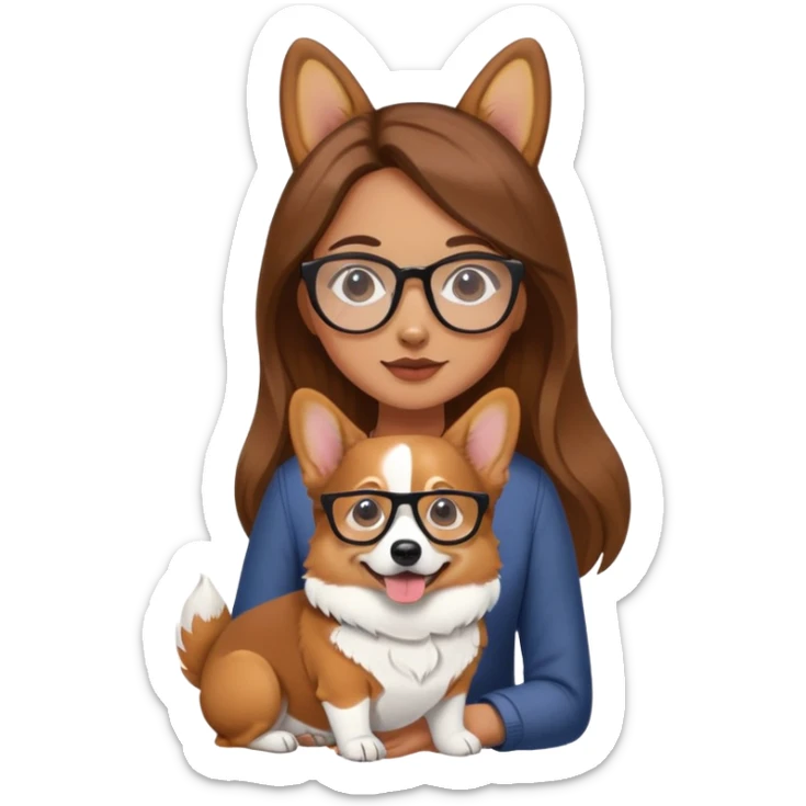 A girl with long brown hair and glasses is holding a corgi sticker