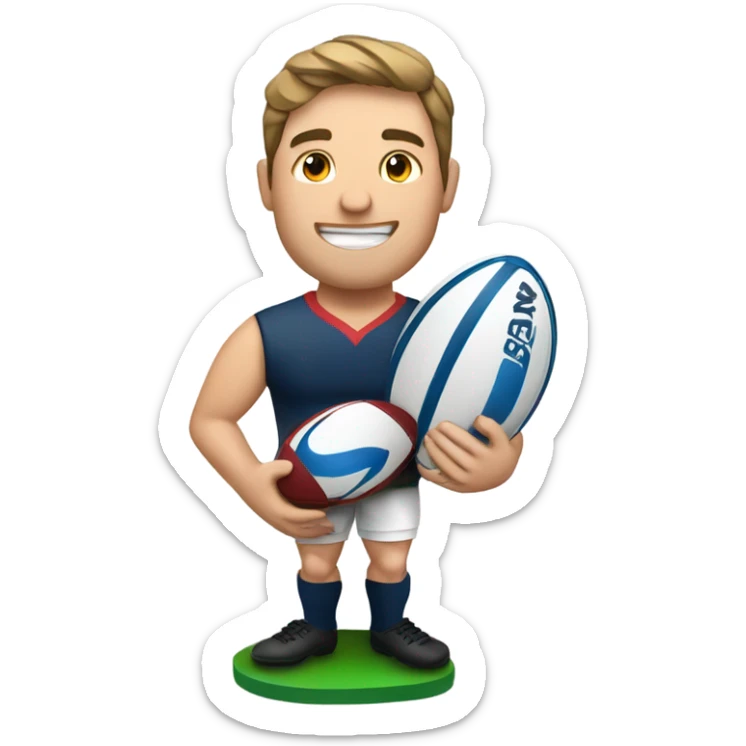 A male rugby player holding a rugby ball in one hand and holding up a trophy in the other sticker