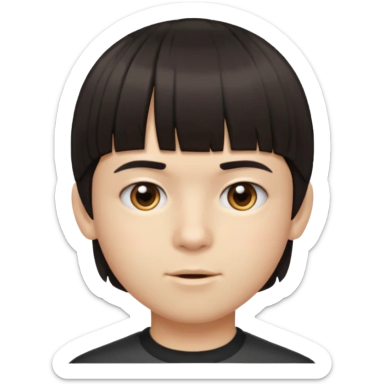 A boy no long hair À emoji that don’t smile Dark brown thick hair, short blunt fringe with straight bangs, a lot more compact textured top, evenly cut front, short tapered sides (shaved), clean modern haircut, realistic emoje style, neutral expression. sticker
