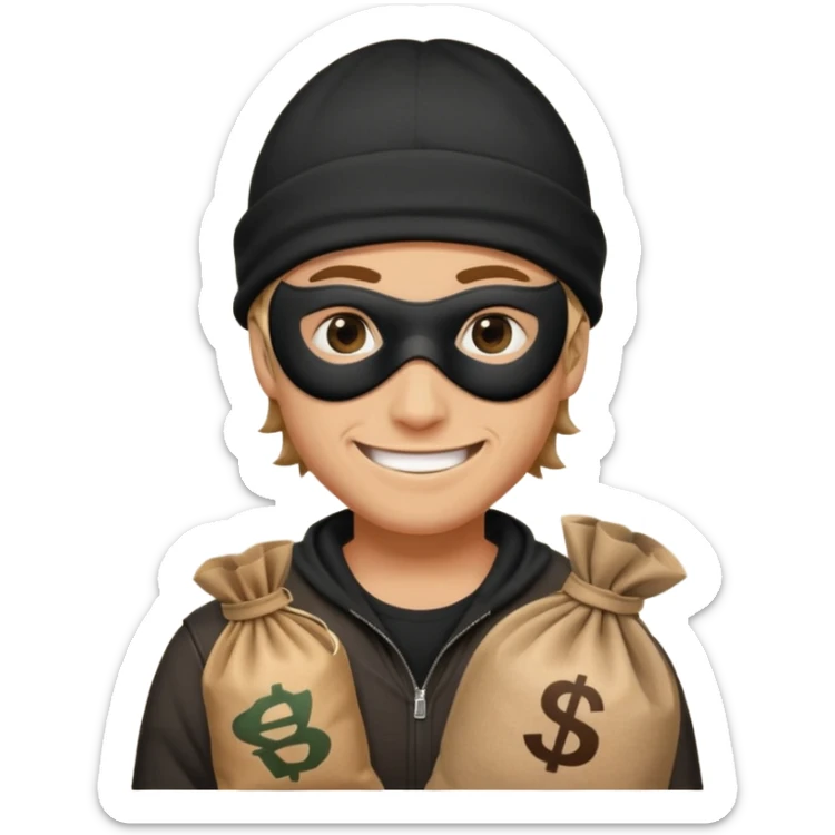 smiley robber wears black eye mask and black beanies with money bag beside him sticker