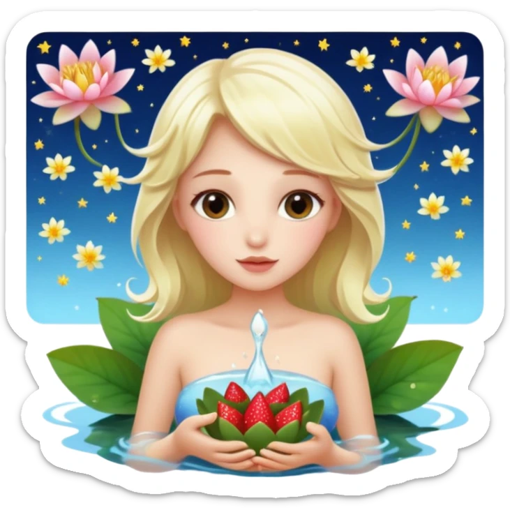 a beautiful girl mix with  watel lili and  Strawberries  being born with an nenuphar on her light hair on stars  sticker
