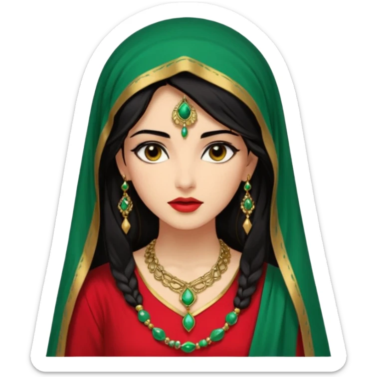 Mujer joven, morena, de gran belleza y porte misterioso.
 mirada intensa y fija; labios marcados.
 Negro, largo, suele ir cubierto parcialmente por un velo
 Ropa de inspiración árabe: túnica colorida (rojo, dorado, verde esmeralda), con detalles dorados  brazaletes y pendientes. sticker