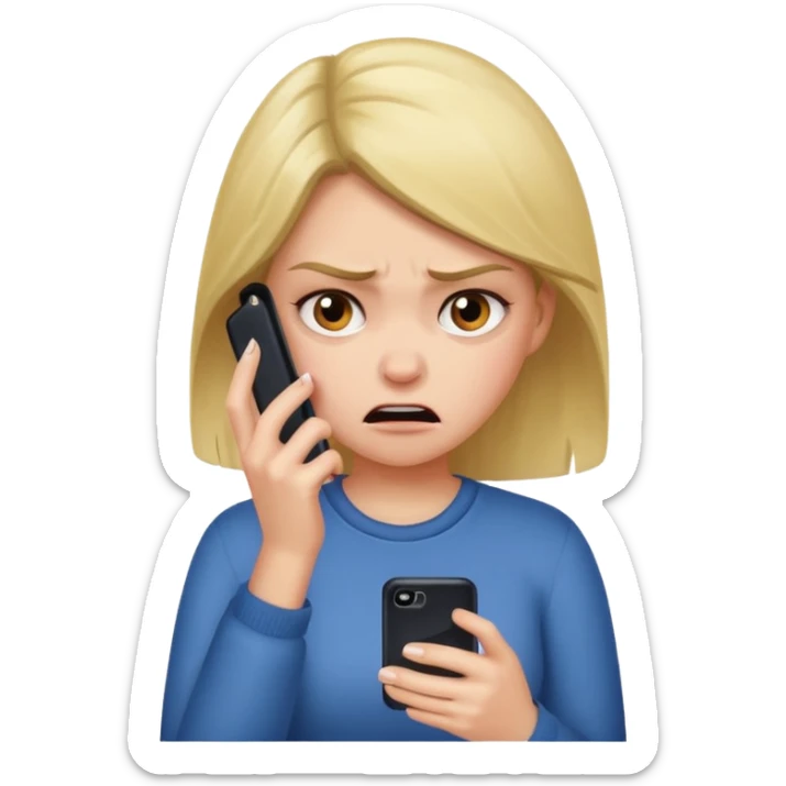  are you crazy? there is two phone..........only one phone and the girl's feeling is not so embarrassed or angry. please create 'angry and embarrassed girl looking at her 'one' cell phone'  sticker