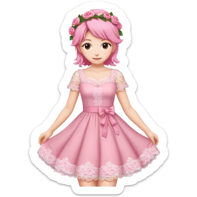 pastel anime woman with pink and white lace dress full body and roses in hair sticker