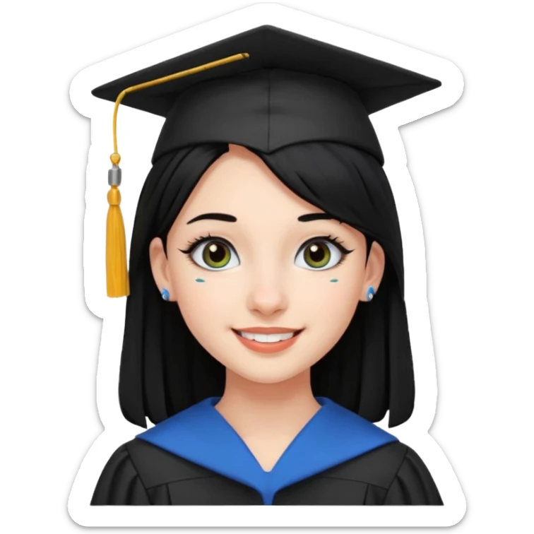 teenage girl emoji with black hair, bold makeup, nose piercing, wired earpods, smiling, graduation theme sticker