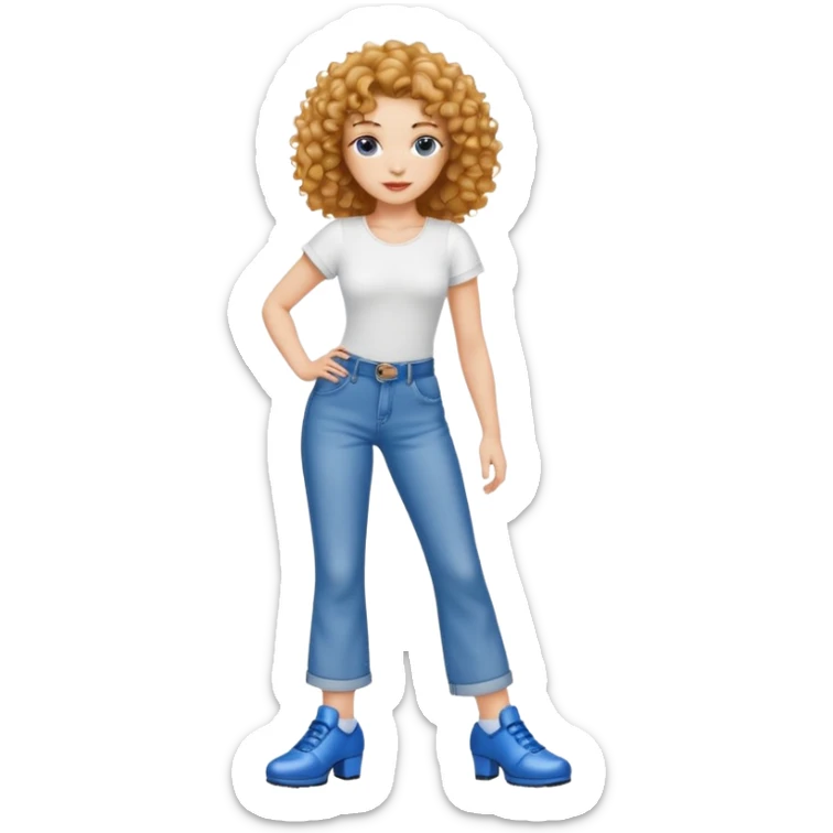 Meuf Cleane tête fine très très très belle cheveux bouclé haut blancs et jean bleu large avec des samba  sticker