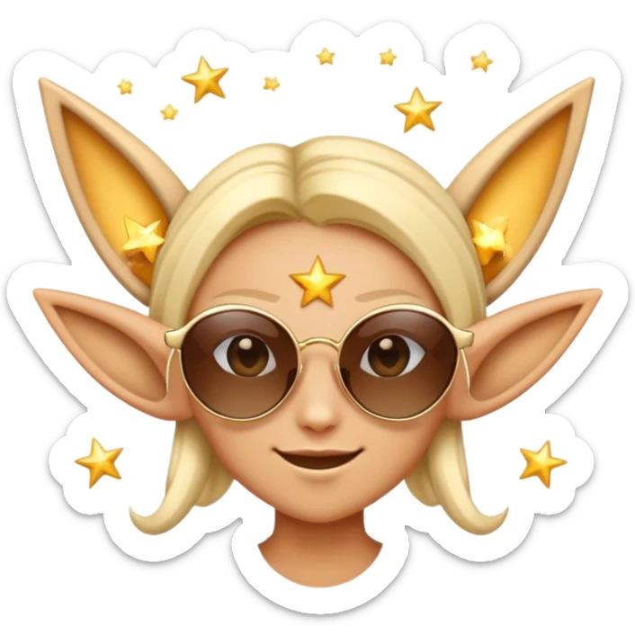 Design a playful emoji of a high Fae character with pointed ears and elven features, wearing stylish sunglasses. This emoji should exude a cool and mysterious vibe, incorporating magical elements like twinkling stars around him to emphasize his mystical nature. sticker