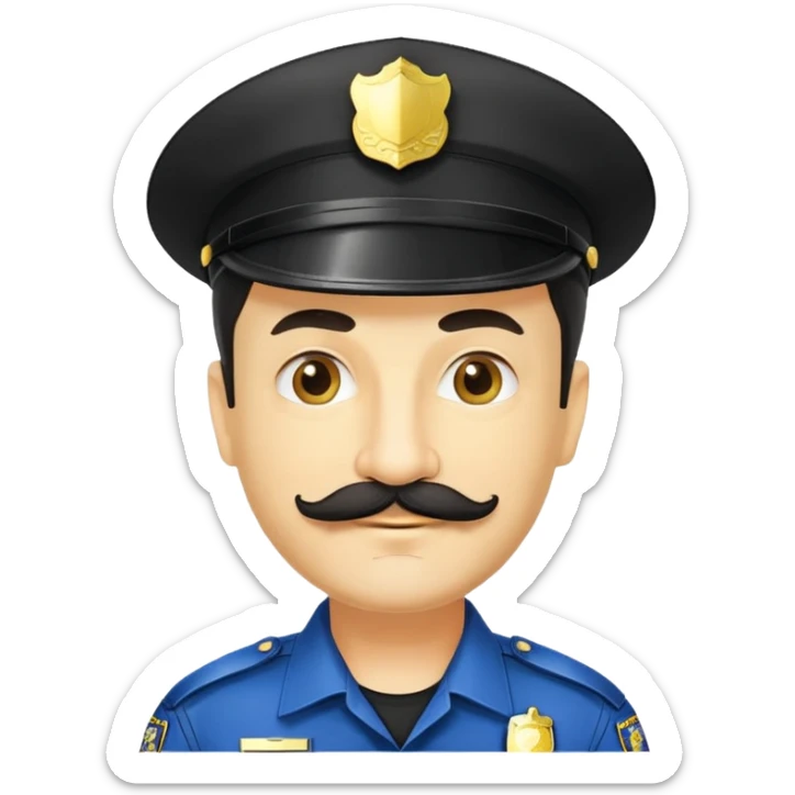 đàn ông 50 tuổi, da vàng, có ria mép màu đen, tóc ngắn, đội mũ cảnh sát màu đen, cười mỉm nhẹ nhàng sticker