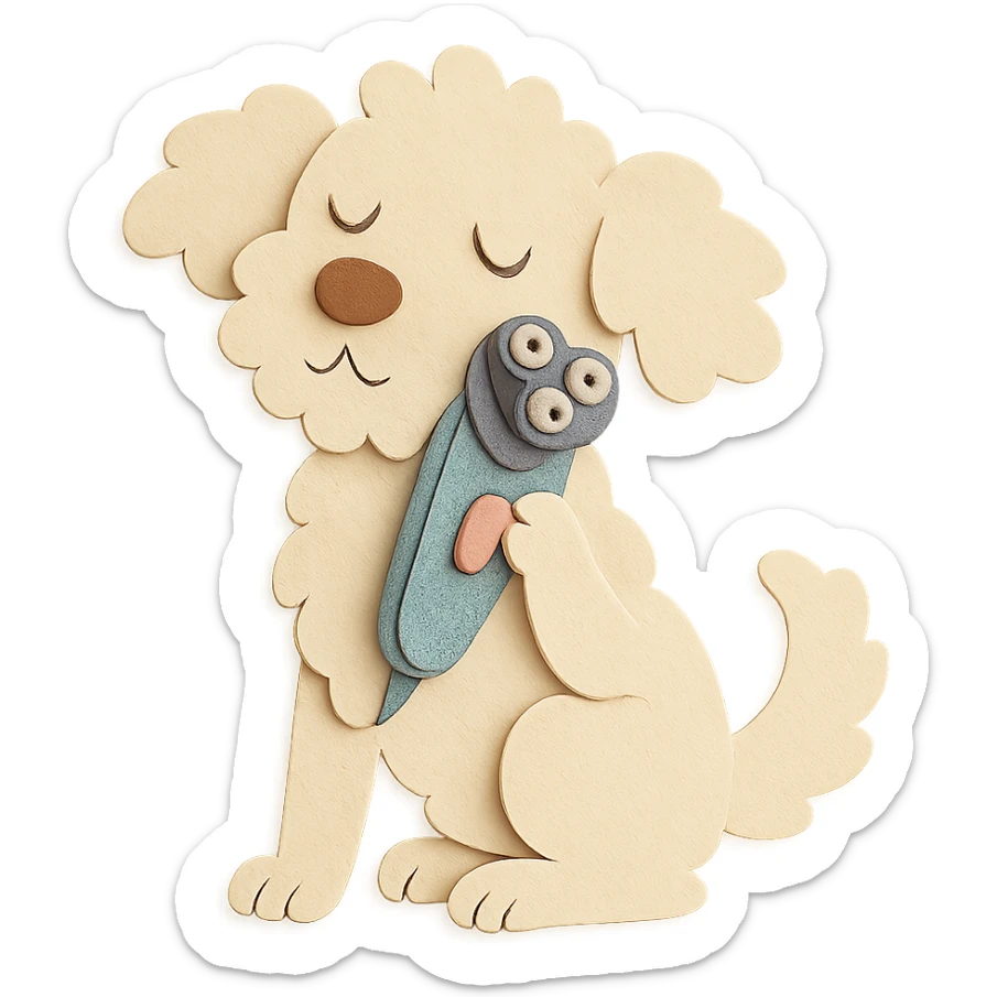 soft pastel electric shaver dog brushing its fuzzy face, creamy beige tones, full-body sticker
