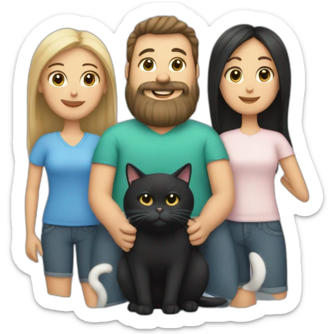 Family photo a fat husband with a beard is holding a white cat and wife with straight hair is holding another black cat sticker