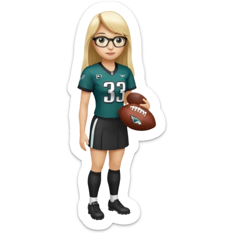 full length women wearing eagles uniform, long blonde hair, straight bangs, black glasses, holding football, number 33 sticker