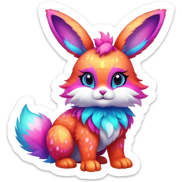 Vibrant multicolored neon-colored Falvie-Fionbri-creature-sparkle-bunny-hybrid-fursona, full body, fur pattern-markings sticker