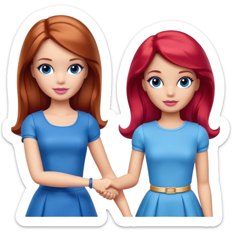 A barbie girl with makeup with brown hair with a baby, a daughter, a girl with red hair, holding her hand in blue clothes sticker
