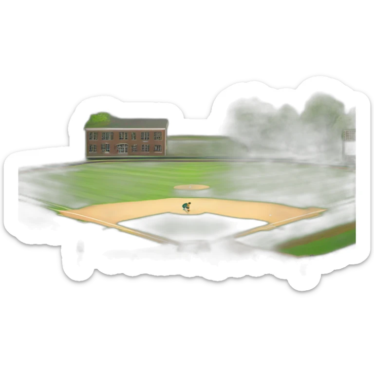 a small school with green mountain in north and creek in south and small children playing baseball on the field sticker