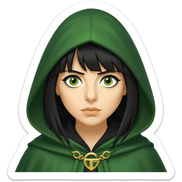 claudia winkleman with a heavy fringe as a traitor with a green hooded cloak with a gold clasp and dark black eyeliner sticker