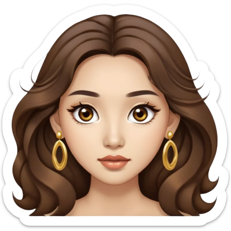 Asian women with light skin and brown wavy long hair, big round brown eyes with long lashes and a bit of makeup  wears a gold earrings sticker